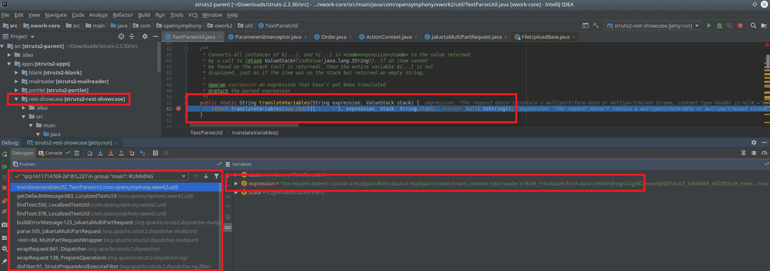 the full stack trace with data required